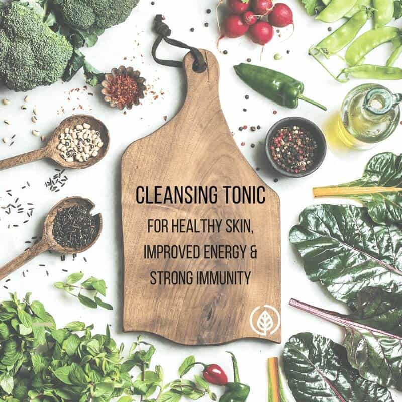 Cleansing tonic recipe for healthy skin, improved detox organ functionality, more energy, and a healthier immune system.
