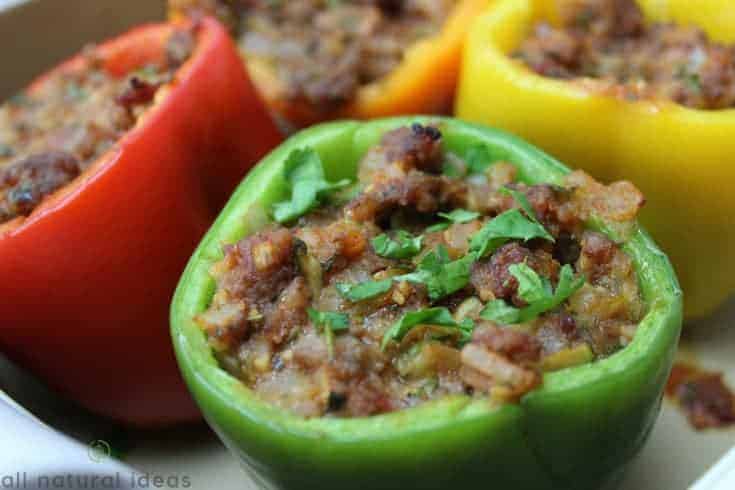 Pan of easy paleo stuffed peppers