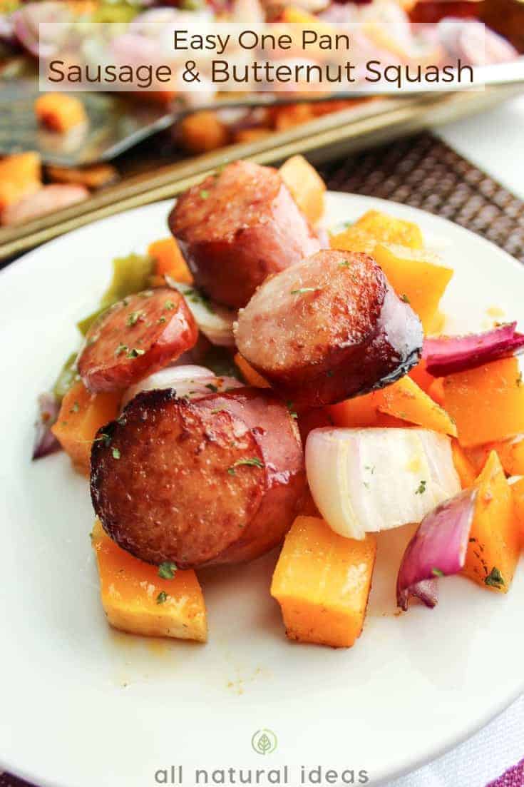 Easy sheet pan roasted butternut squash and sausage recipe. #paleo #lowcarb #glutenfree #onepan #easyrecipe #sausage #butternutsquash | allnaturalideas.com