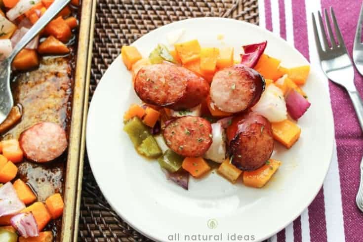 Baked butternut squash and sausage one pan meal. #paleo #lowcarb #glutenfree #onepan #easyrecipe #sausage #butternutsquash | allnaturalideas.com