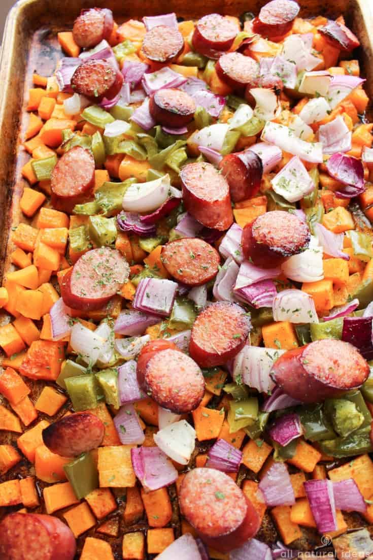 Sheet pan roasted butternut squash and sausage. #paleo #lowcarb #glutenfree #onepan #easyrecipe #sausage #butternutsquash | allnaturalideas.com