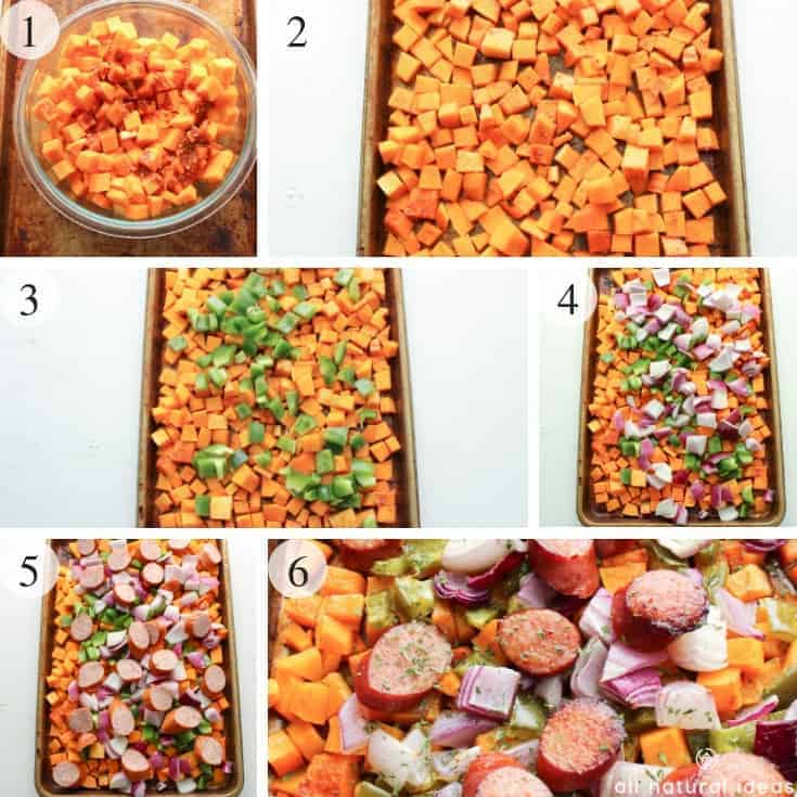How to make easy sheet pan roasted butternut squash and sausage one pan meal. #paleo #lowcarb #glutenfree #onepan #easyrecipe #sausage #butternutsquash | allnaturalideas.com